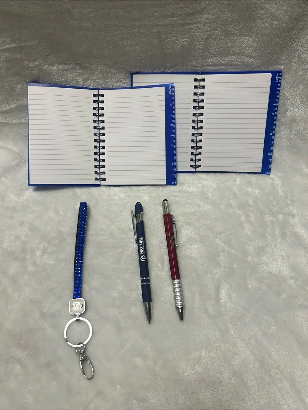 2 small blue spiral notebook pen set 2 pens rhinestone wristlet keychain strap